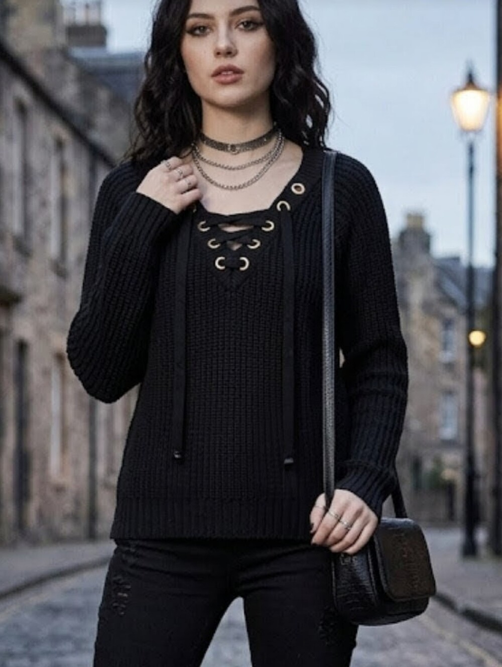 It's Our Time Black Lace-Up Ribbed Knit Sweater